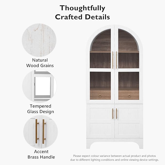 GDFStudio Mariah 71" Tall Arched Kitchen Pantry Cabinet with Hidden Drawer, Glass Door & Adjustable Shelves, Farmhouse Storage Cabinet Cupboard for Kitchen Dining Room, Home Pantry Storage, White