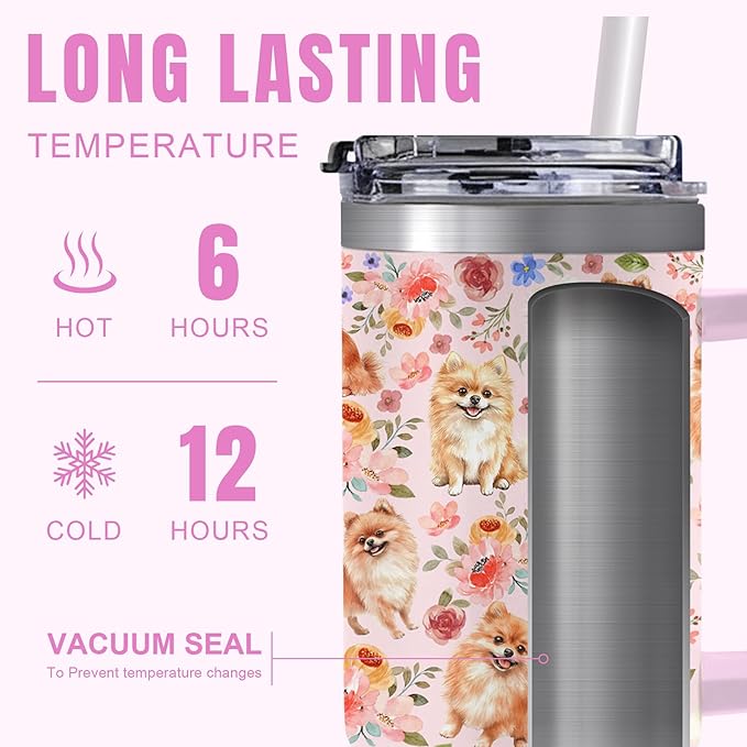 Yogusut Pomeranian Gifts for Women, 40oz Stainless Steel Insulated Tumbler Travel Mug Cup with Handle Straw, Gifts for Dog Mom Dog Lover