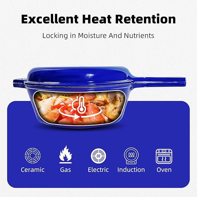 Enameled Cast Iron Braiser Pan - 2-in-1 Cast Iron Dutch Oven - 6.5QT Deep Pot with Frying Pan - Cookware Multi Cooker Skillet - for Grill Induction Stovetop Camping -Blue