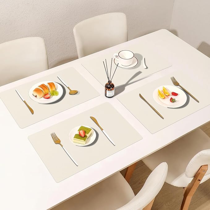 Boobezeen Faux Leather Placemats Set of 6, Heat Resistant Wipeable Washable Vinyl Place Mats, Waterproof Anti-Slip Dining Table Mats, Suitable for Indoor & Outdoor Use (Ivory White)