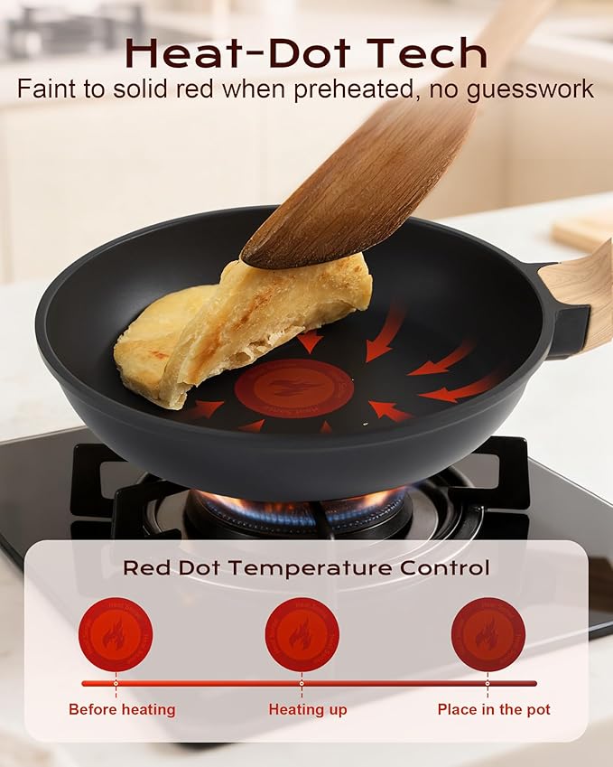 Non Stick Frying Pan, 11-inch Omelette Pan with Heat Dot Temperature Indicator, Healthy Non Toxic Egg Skillet with Heat-Resistant Handle, PFOA-Free, Dishwasher Safe, Compatible with All Cooktops