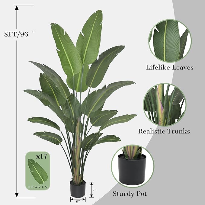 Bird of Paradise Artificial Plant 8FT, Tall Artificial Plants Indoor with 17 Realistic Leaves and Large Trunks, Faux Tropical Trees with Pot for Home Living Room Office Indoor Decor