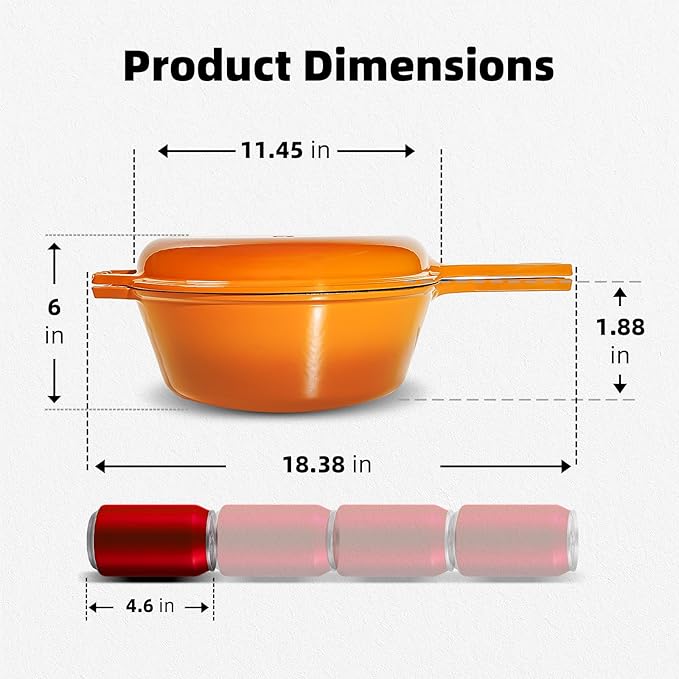 Enameled Cast Iron Braiser Pan - 2-in-1 Cast Iron Dutch Oven - 6.5QT Deep Pot with Frying Pan - Cookware Multi Cooker Skillet - for Grill Induction Stovetop Camping -Orange