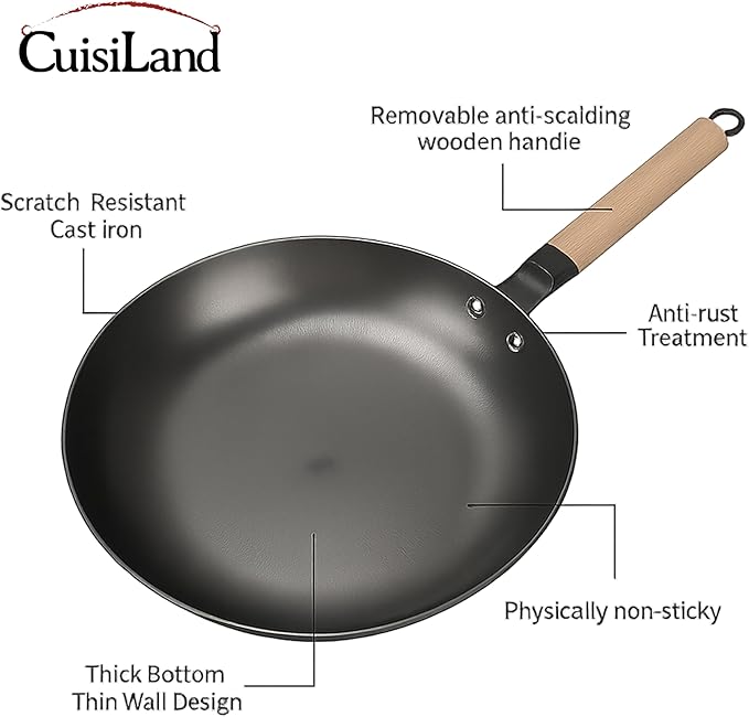 Cuisiland 12" Nitrided Cast Iron Wok ??Rust-Resistant Stir-Fry Pan, Removable Beechwood Long Handle, Naturally Non-Stick, Durable & Comfortable Grip, Classic Heat Retention