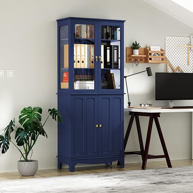 ARTPOWER 72" Freestanding Kitchen Pantry Storage Sideboard, Classical Tall Cabinet with Glass Door and Adjustable Shelves for Kitchen, Livingroom and Dining Room, Navy Blue