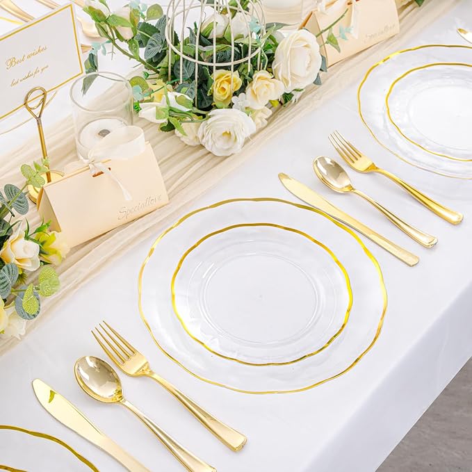 EI 150pcs Clear Plastic Plates with Gold Plastic Silverware,Disposable Plate Heavy Duty,Clear and Gold Dinnerware Set,Elegant Plates for Party,Wedding,Afternoon Tea,Spring,Valentine's Day