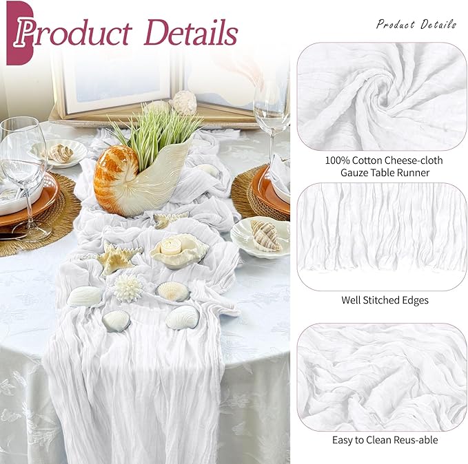 RealBox 6 Pack White Cheesecloth Table Runner 17x108 Inch Semi Sheer Boho Gauze Cheese Cloth Fabric Table Runners Table Decor for Wedding Party Baby Shower Birthday Home Decor Garden Farmhouse