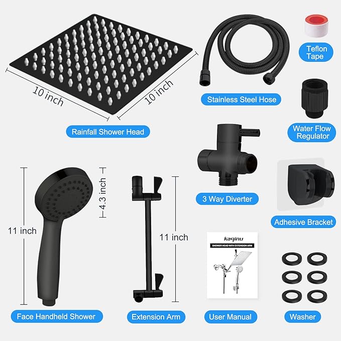 Shower Head, Kaqinu 10'' High Pressure Rainfall Shower Head/Handheld Showerhead Combo with 11??Extension Arm, Anti-leak Shower Head with Holder/Hose, Flow Regulator - Matt Black