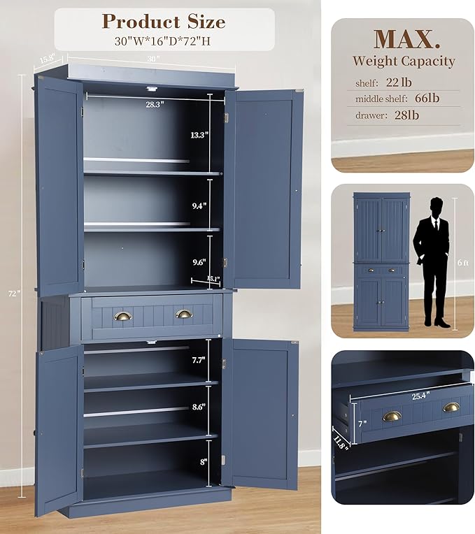KIGOTY 72" Tall Kitchen Pantry Cabinet with Drawer and 4 Adjustable Shelves, Freestanding Pantry Storage Cabinets, Wood Cupboard Pantry Cabinet for Kitchen, Dining Room, Living Room, Greyish Blue