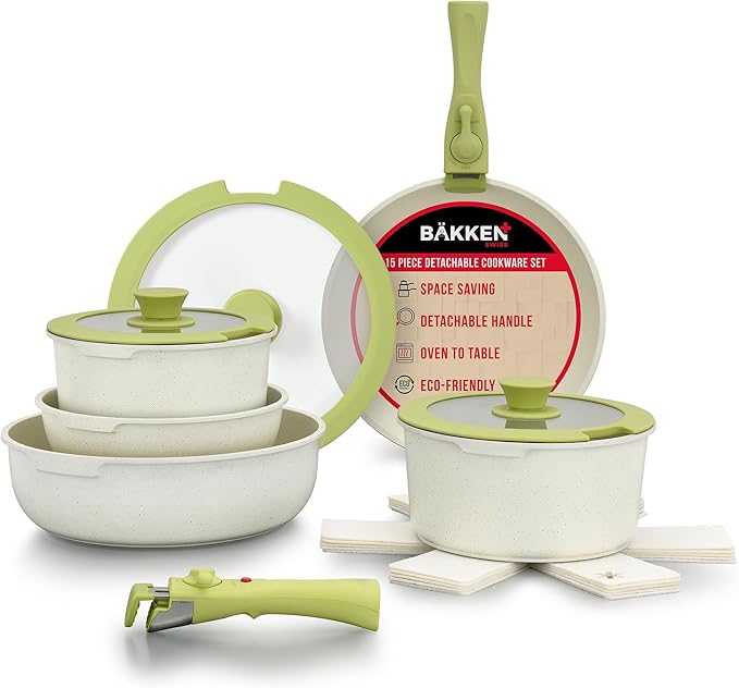 Bakken 15-Piece Non-Stick Cookware Set with Detachable Handles ??Granite Stackable Pots and Pans Set, Dish Washer Safe, Oven-Safe, and Compatible Kitchen Essential for All Stoves ??Green/Cream