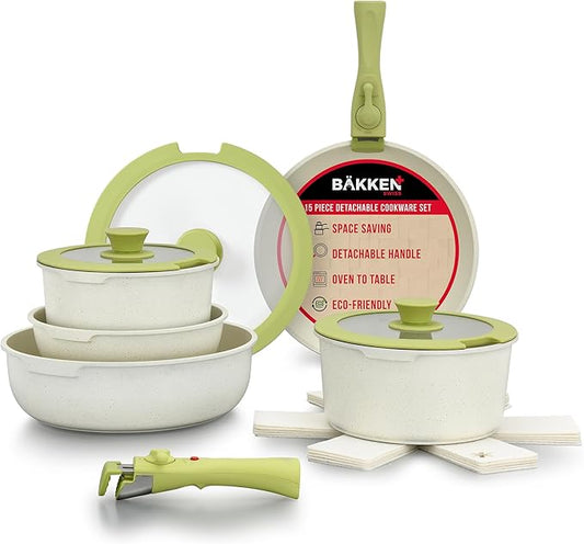 Bakken 15-Piece Non-Stick Cookware Set with Detachable Handles ??Granite Stackable Pots and Pans Set, Dish Washer Safe, Oven-Safe, and Compatible Kitchen Essential for All Stoves ??Green/Cream