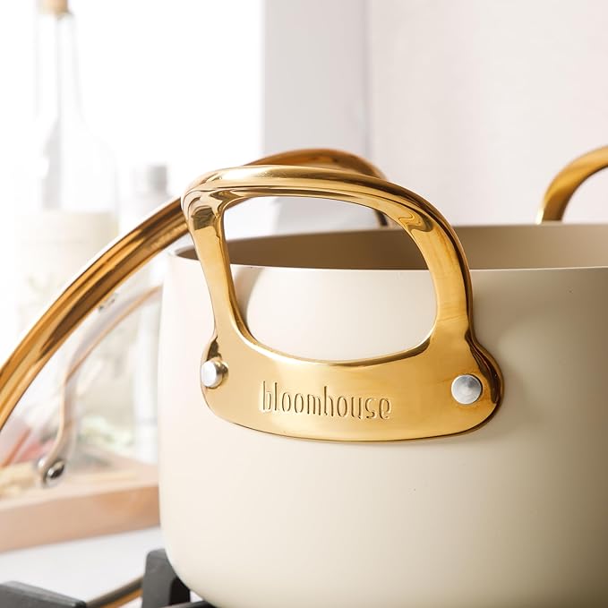 Bloomhouse - Two Time Oprah's Favorite Things Winner - 6 Quart Heavy Duty Aluminum Premium PFA Free Ceramic Nonstick Dutch Oven Pot with Lid - Almond Cream w/Gold Handle