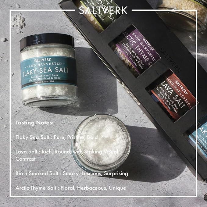 Saltverk Salt Gift Set - Includes 4 Jars - Flaky, Lava , Birch Smoked, Arctic Thyme Sea Salts- Gourmet, Icelandic, Hand Harvested and Sustainably Made - 12.33 Oz Total
