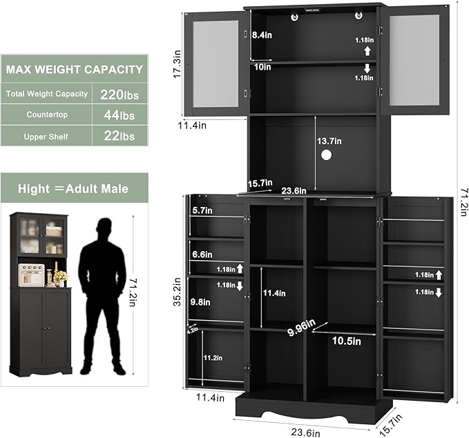 HOSTACK 71'' Pantry Cabinet, Tall Storage Cabinet with Microwave Stand, Freestanding Kitchen Hutch with Doors and Adjustable Shelves, Mordern Food Pantry for Kitchen, Dining Room, Black