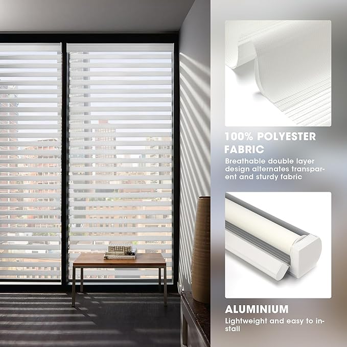 Zebra Blinds for Windows, Roller Window Shades, Blackout Blinds for Windows, Cordless Dual Layer Roll Up Blind Control for Day and Night, 71" W X 72" H, White