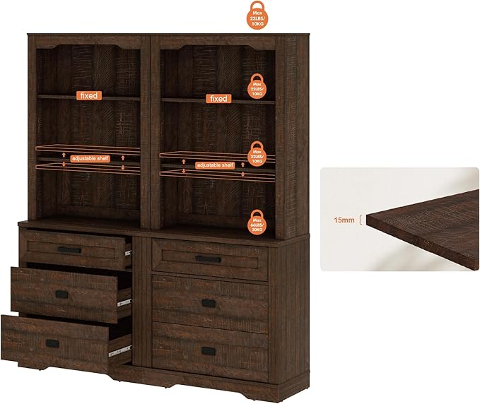 WAMPAT 2 Column 3 Tier Pantry Cabinet with Drawer,73.3" Tall Floor Standing Cupboard,Modern Farmhouse Display Kitchen Buffet with Adjustable Shelves for Dining Room,Living Room,Rustic Brown