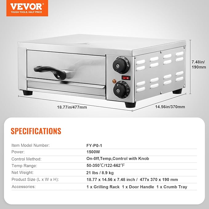 VEVOR Electric Pizza Oven for Countertops, 12-inch, 1500W, with Temp Control & 0-60 Min Timer, Even Baking Technology & Easy Clean Crumb Tray, Ideal for Both Commercial & Home Kitchens