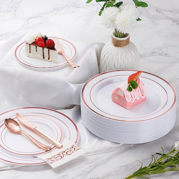 Goodluck 350 Piece Rose Gold Dinnerware Set for 50 Guests - Disposable Plastic Plates, Paper Napkins, Cups, Silverware for Party