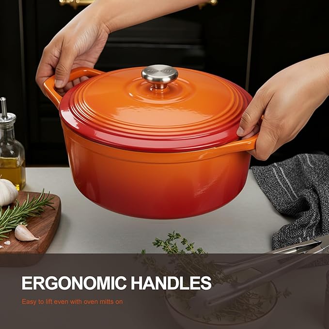 Overmont Refined Enameled Cast Iron Dutch Oven - 5.5QT Pot with Wide Handles Lid Cookbook & Cotton Potholders - Heavy-Duty Pre-Seasoned Cookware Oven Safe to 500째F for Braising, Stews, Roasting, Bread Baking