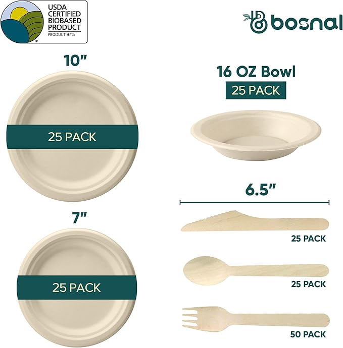 BOSNAL 10 inch & 7 inch Round Plates with 16 oz Bowls & Cutlery ??100% Plant-Based Sugarcane Bagasse, Eco-Friendly Disposable Dinnerware for Hot & Cold Meals, Microwave Safe, Durable & Compostable