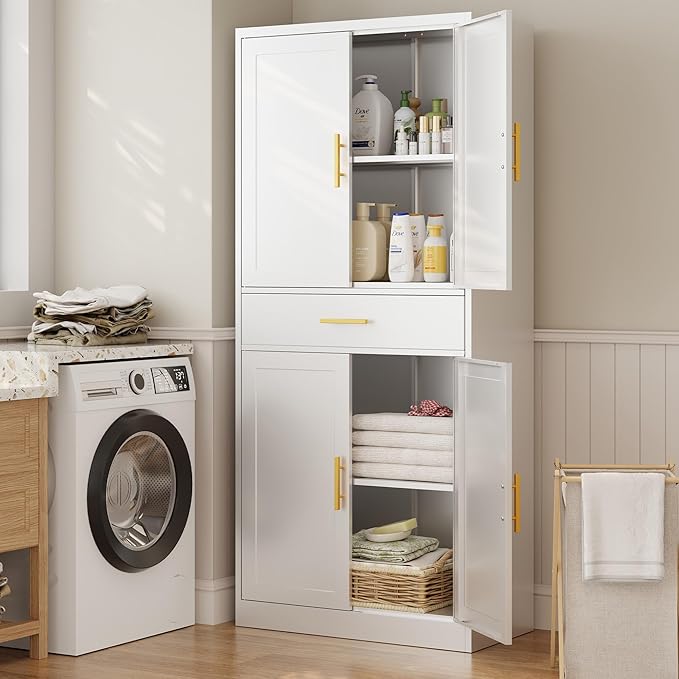 CJF 71" H Metal Kitchen Pantry Storage Cabinet, Freestanding Cupboard with Adjustable Shelves and 1 Drawer, Standing Storage for Kitchen, Bathroom, Garage, Dinning Room or Utility Room（White）