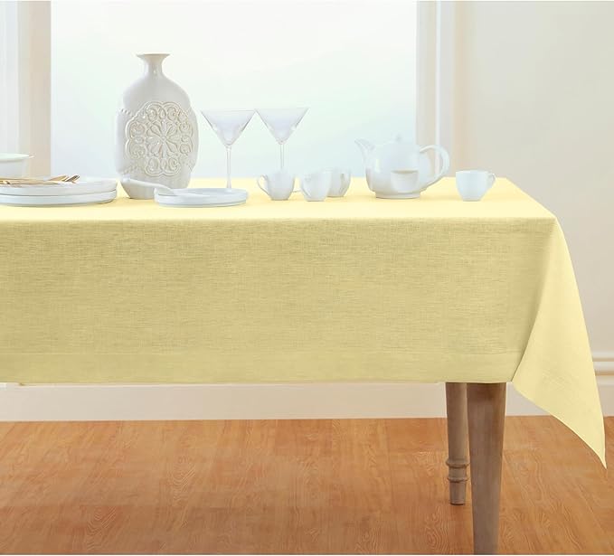 Solino Home Linen Tablecloth 52 x 52 Inch - 100% Pure Linen Square Table Throw - Athena, Machine Washable Chambray Yellow Tablecloth for Spring, Easter