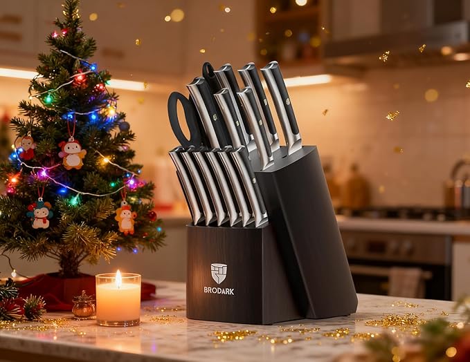 BRODARK Knife Set 15 PCS, Chef Knife Set with Block and Sharpener, High Carbon Stainless Steel Knife Block Set, Ergonomic Pakkawood Handle for Kitchen Cooking