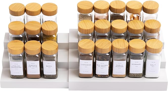 KitchenEdge Expandable Spice Rack Organizer for Cabinet, 3-Tier Shelf for Spice Organization (11??to 22??, Fits 36 Spice Jars, Seasoning and Pantry Storage, Non-Slip Feet, 100% Bamboo, White Finish