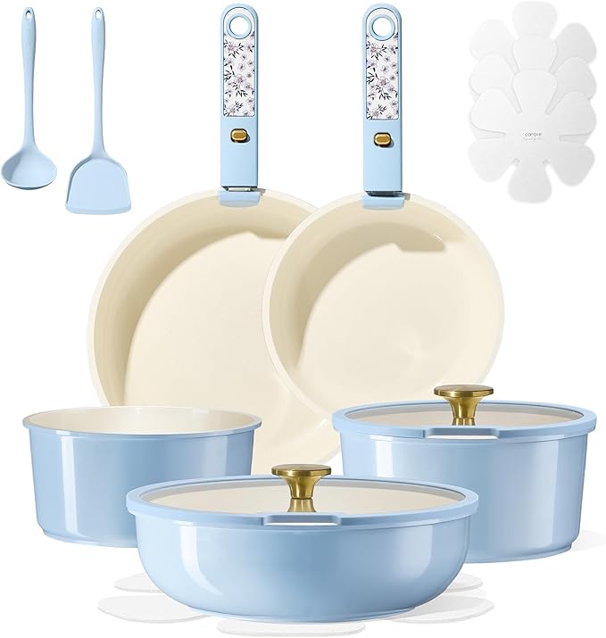 CAROTE 15Pcs Ceramic Cookware Set, Pots and Pans Set Non Stick, Kitchen Cooking Set with Detachable Handle, Non Toxic Induction Cookware, Dishwasher/Oven Safe