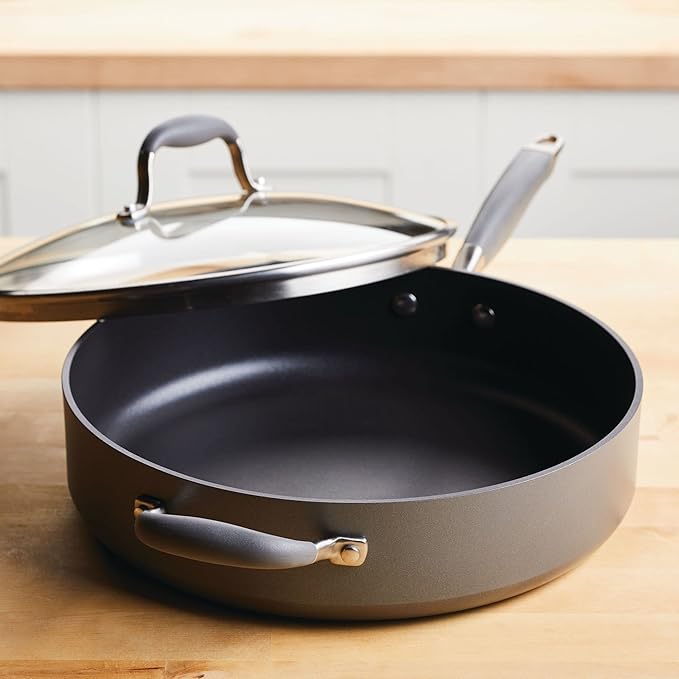 Anolon Advanced Home Hard Anodized Nonstick Saut챕 Pan with Helper Handle and Lid, 5 Quart - Moonstone