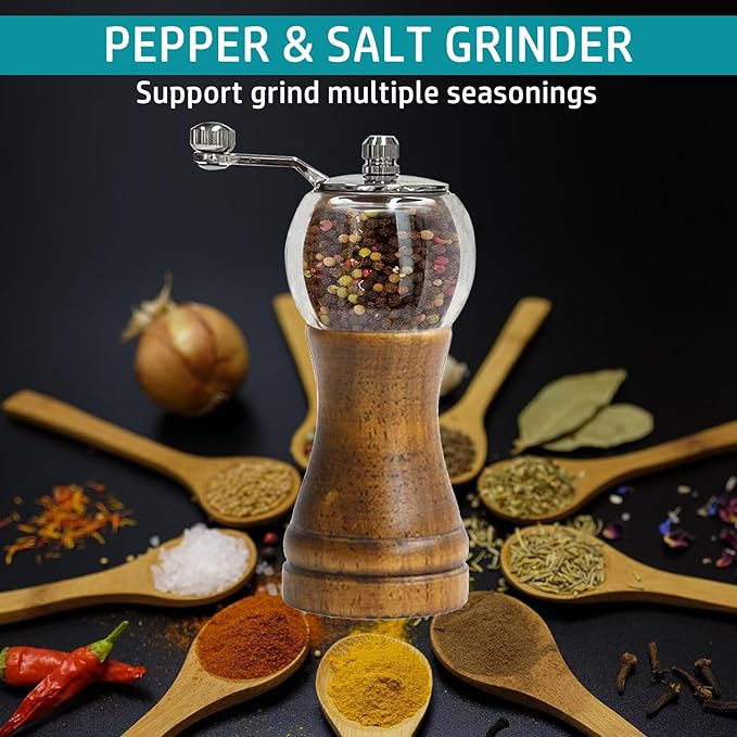 Pepper Grinder, Classical Roast Black Manual Pepper Grinder Set, Hand Shake Sea Salt Mill, Retro Style Wood竊?Acrylic竊똂eramic Blades, Enjoy Fresh Pepper Spices (Walnut color 2pcs-6in)