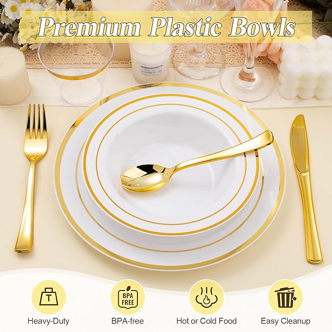 BESTSTAR 200 Pack Disposable Soup Bowls with Gold Rim, 12oz Premium Heavy Duty Plastic Dinner Bowls for Party, Wedding and Holiday