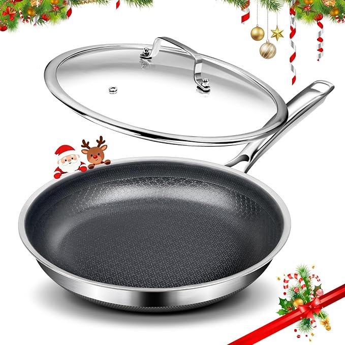 Non Stick 10-Inch Pan, Titanium Hybrid Pan with Lid, Stay-Cool Handle, Professional Frying Pan, Dishwasher Friendly, Oven Safe, Compatible with All Cooktop