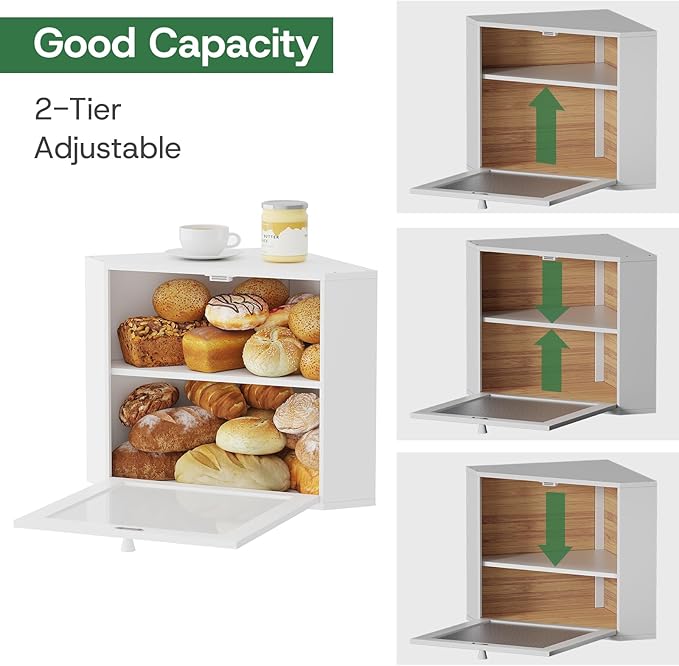 Corner Bread Box for Kitchen Countertop - Bamboo Wood, Wavy Acrylic Door, White Adjustable 2-Layer Bread Storage Container, Large Bread Holder