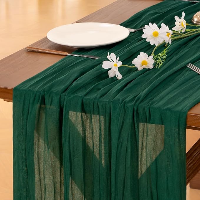 Socomi 10pcs Emerald Green Cheesecloth Table Runner Valentine's Day Boho Rustic Gauze 120 inch 10FT Cheese Cloth Runner for Wedding Party Baby Shower Birthday Home Decor Holiday Decorations