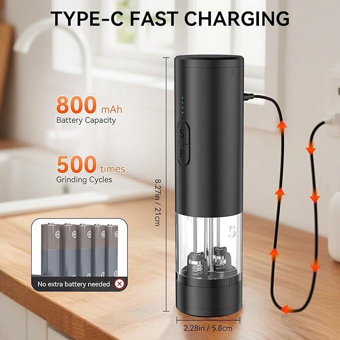 Electric Salt and Pepper Grinder Set 2 in 1, USB Rechargeable, Automatic Salt and Pepper Mill Shakers with LED Light, Battery Display, Adjustable Coarseness, Ideal for Kitchen Outdoor BBQ Gift