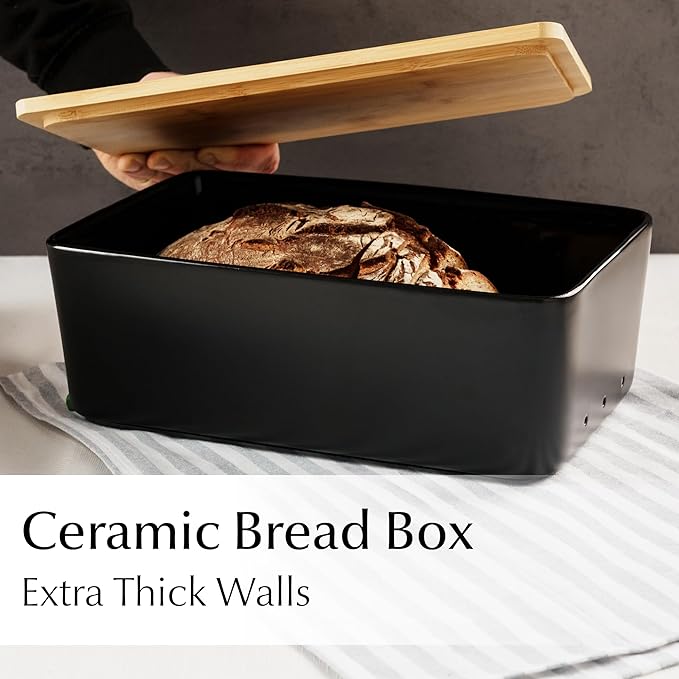 MIAMIO ??Bread Box for Kitchen Countertop/Ceramic Bread Box with Cutting Board, Bread Container with Bamboo Lid, 12.6 x 7.9 x 4.5 inches