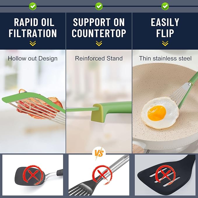 Fish Spatula,600??Heat Resistant Silicone Fish Spatula with Basting Brush,for Nonstick Cookware,Flexible Slotted Fishs Turner Spatulas,BPA Free,Dishwasher Safe(Green)
