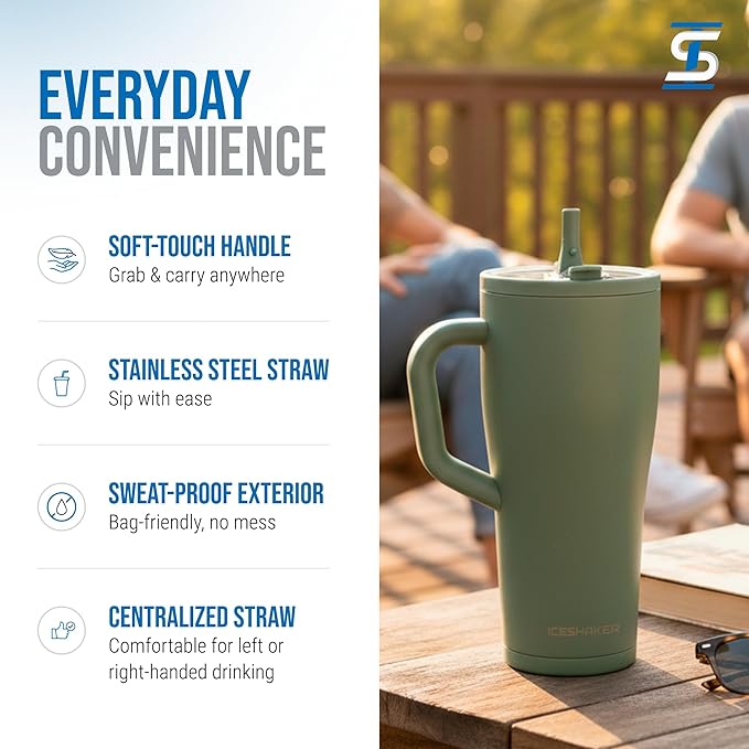 Ice Shaker 32 oz Tumbler with Handle and Straw | 32oz Aura | Cold for 30+ Hours | 2-in-1 Tumbler Shaker Bottle | Odor-Free 32 ounce Bottle for Water, Protein Shakes, Smoothies, Cocktails