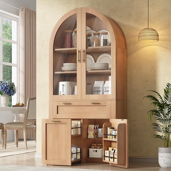 Itaar 71" Arched Kitchen Pantry Cabinet, Kitchen Storage Cabinets with 1 Large Drawer & Storage Cart 2 Tier & Door Shelves for Living Room, Dining Room, Natural