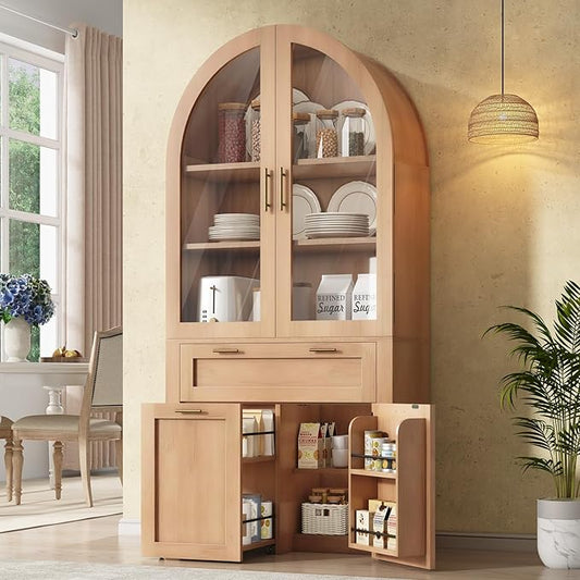 Itaar 71" Arched Kitchen Pantry Cabinet, Kitchen Storage Cabinets with 1 Large Drawer & Storage Cart 2 Tier & Door Shelves for Living Room, Dining Room, Natural