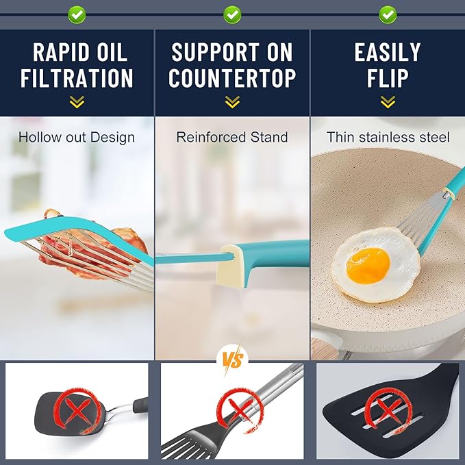 Fish Spatula,600??Heat Resistant Silicone Fish Spatula with Basting Brush,for Nonstick Cookware,Flexible Slotted Fishs Turner Spatulas,BPA Free,Dishwasher Safe(Aqua Sky)