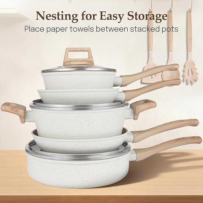 Pots and Pans Set Non Stick, 11 Pcs Ceramic Cookware Set, Nonstick Induction Cookware, Non-toxic Kitchen Cooking Set with Frying Pan Set, Cream