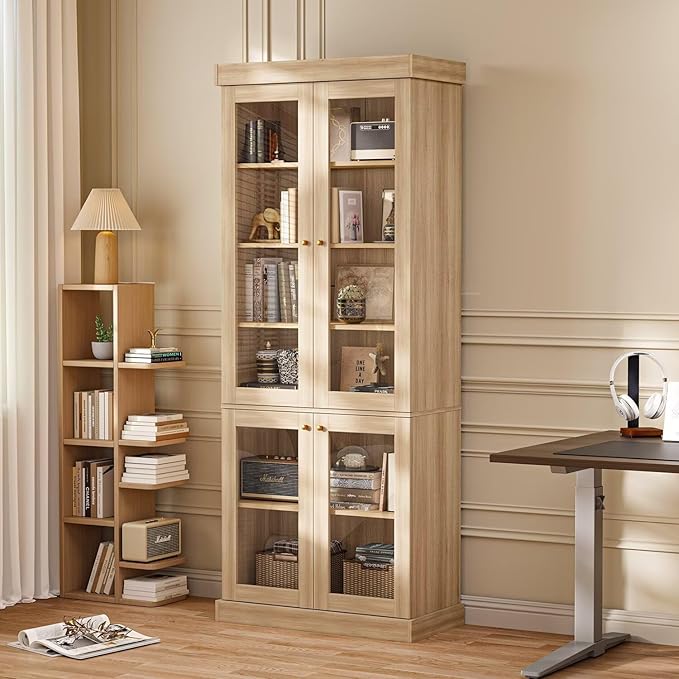 Vyre 70.8" Tall Brown Bookshelf with Glass Doors, Farmhouse Modular Bookcase with 6-Tier Adjustable Shelves, Large Storage Cabinet for Home Office, Living Room