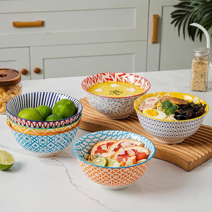 Cerkik Ceramic Soup Bowls Set - 24 Oz Deep Cereal Bowl - 6 Inch Large Kitchen Dinner Bowl Eating Pasta Salad Dessert Noodle Rice Oatmeal - Microwave Dishwasher Safe - Set of 6 - Assorted Colors