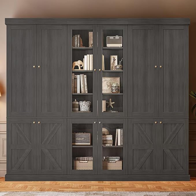 Vyre 70.8" Tall Farmhouse Bookshelf, Modular Bookcase with Glass Doors, 6-Tier Adjustable Shelves, Large Storage Cabinet for Kitchen, Living Room, Black, Set of 3