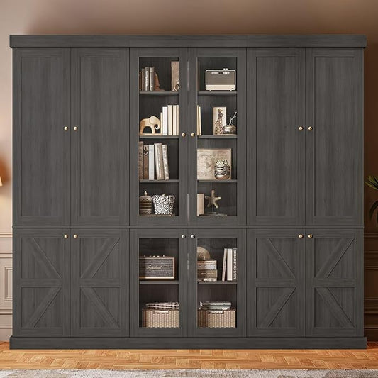 Vyre 70.8" Tall Farmhouse Bookshelf, Modular Bookcase with Glass Doors, 6-Tier Adjustable Shelves, Large Storage Cabinet for Kitchen, Living Room, Black, Set of 3