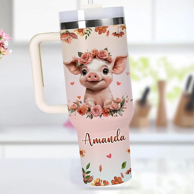AGGLOMEKC Personalized Cute Pig Cup - Mother's Day Birthday Gift For Animal Lovers - Just A Girl Who Loves Pig Tumbler 40oz With Custom Name - Pet Lover Gifts For Women, Her