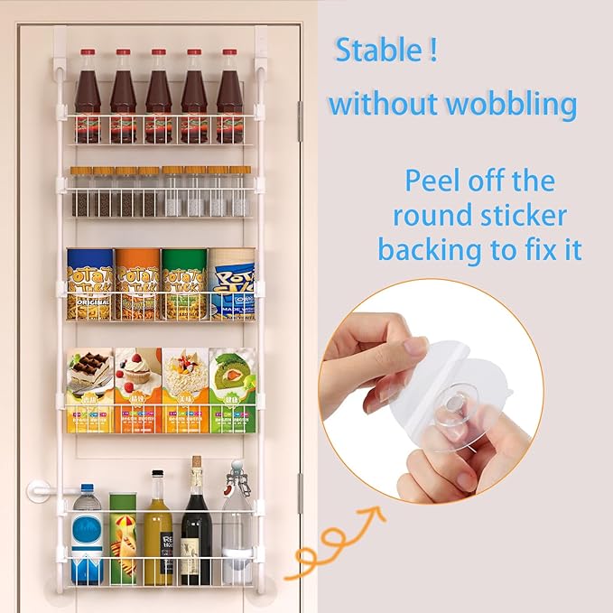 White Over the Door Pantry Organizer 8 Tier, Adjustable Basket Pantry Door Organizer and Storage, Heavy Duty Metal Kitchen Hanging Spice Rack (D5xW19xH50 Inches)