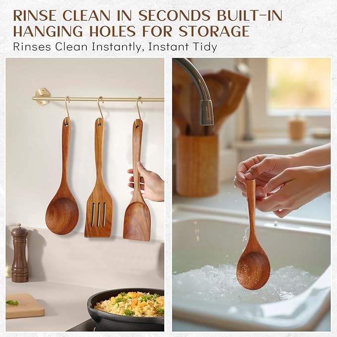 Wood Spoons for Cooking,9 Pcs Natural Teak Wooden Cooking Utensils Set with Holder 竊?Spoon Rest, Soft Comfort-Grip Wooden Kitchen Utensil Set for Non-Stick Cookware